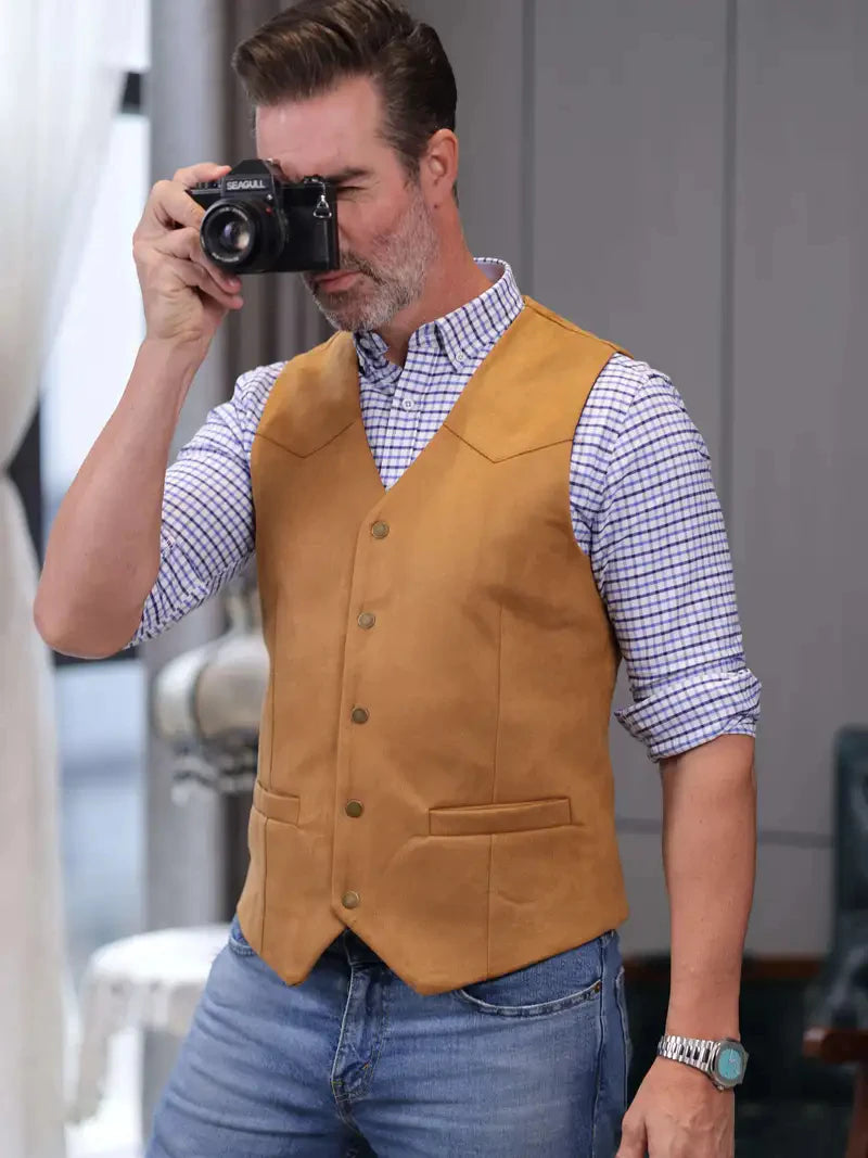 Vintage Suede Leather Men's Vest Slim Fit Sleeveless Jacket V-Neck Regular Fit Suit Vest Waistcoat