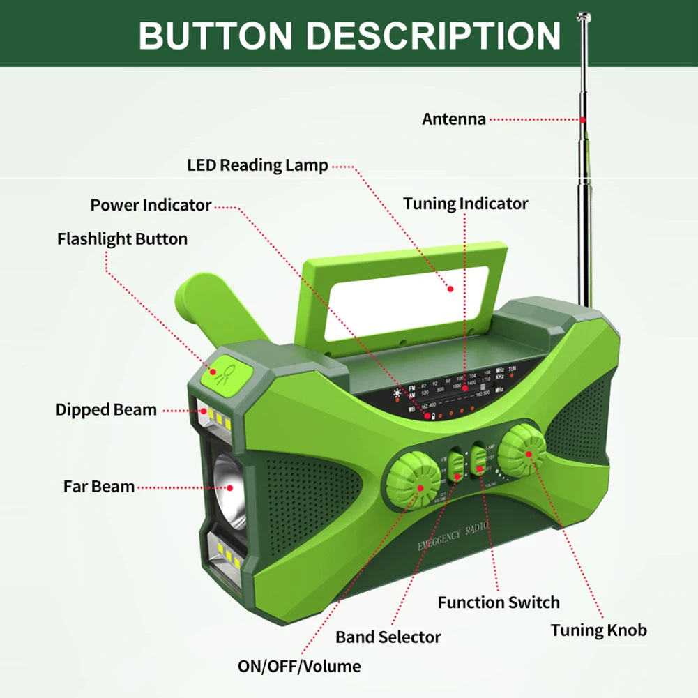 10000mAh charger High Capacity Emergency Radio Solar Hand Crank LED Flashlight SOS Alarm Survival