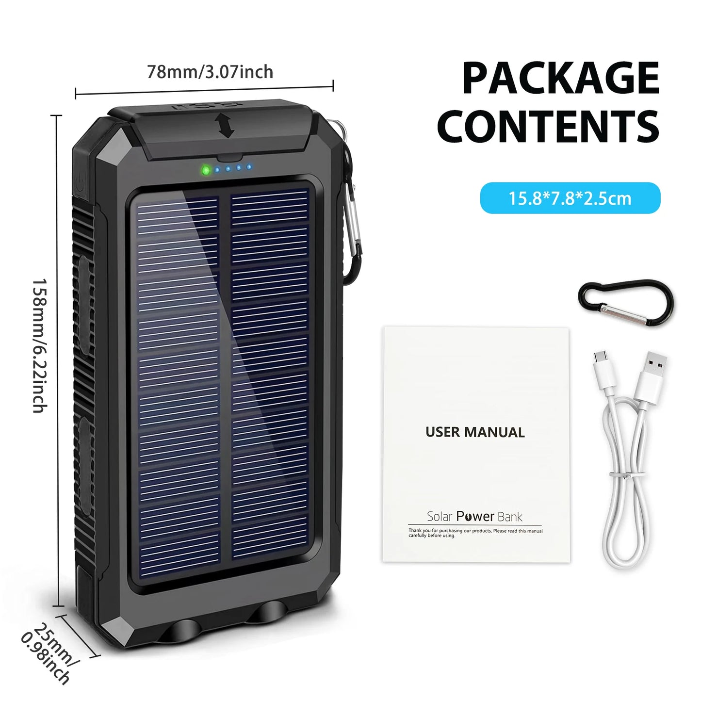 30000mAh Solar Power Bank Portable Dual 5V USB Ports 2 LED Light Flashlight Fast Charge phones ntbk