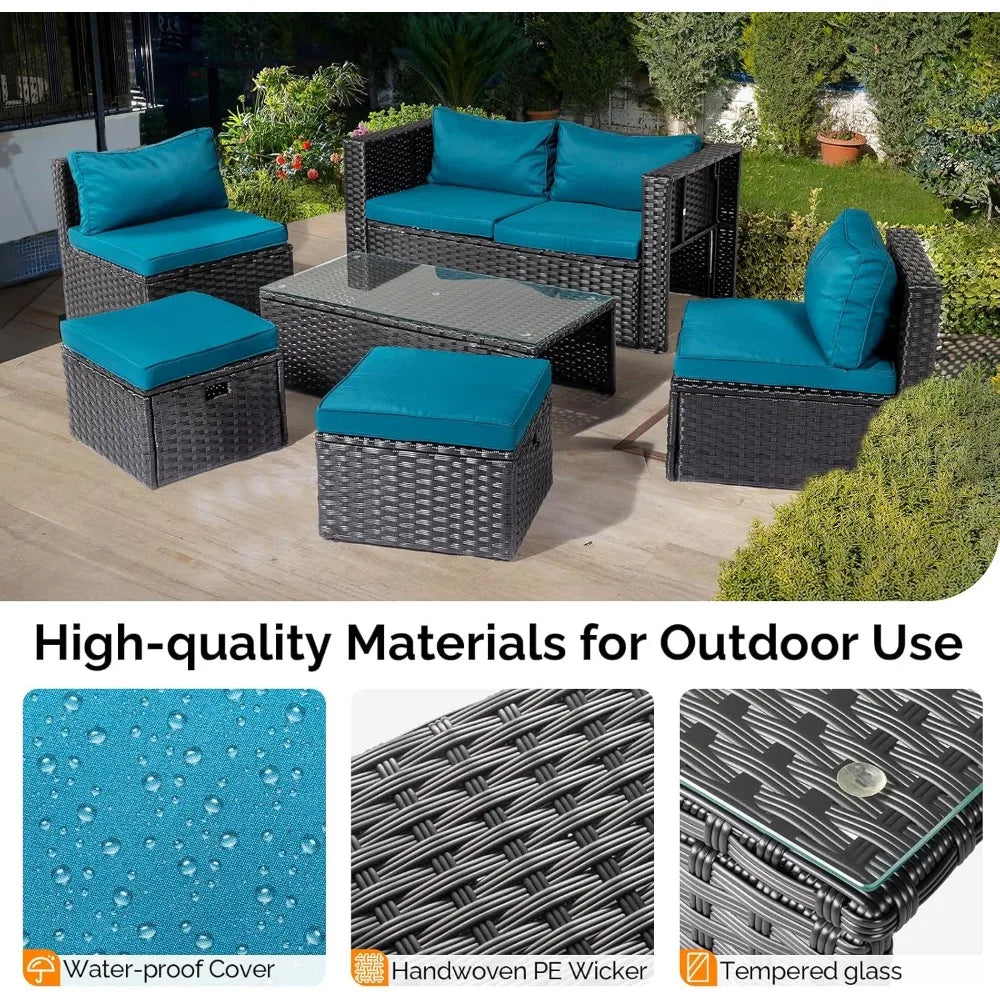 6 Pieces Wicker Patio Set, Outdoor Sectional Conversation Set Space-Saving Design with Ottomans