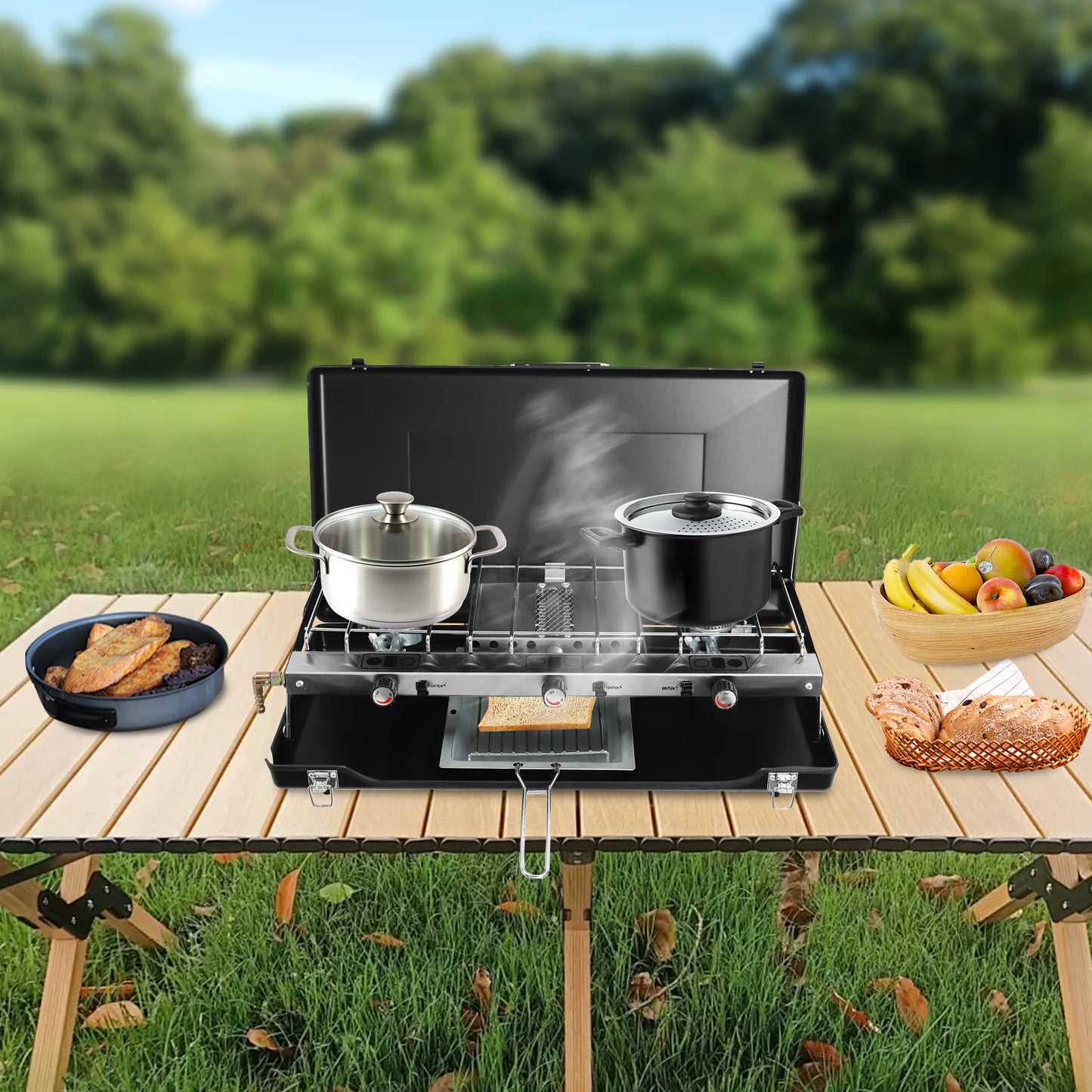 Campfire Grill] 3-Burner Durable Cold-Rolled Steel ,Windproof Lid, Camping & Outdoor Cooking