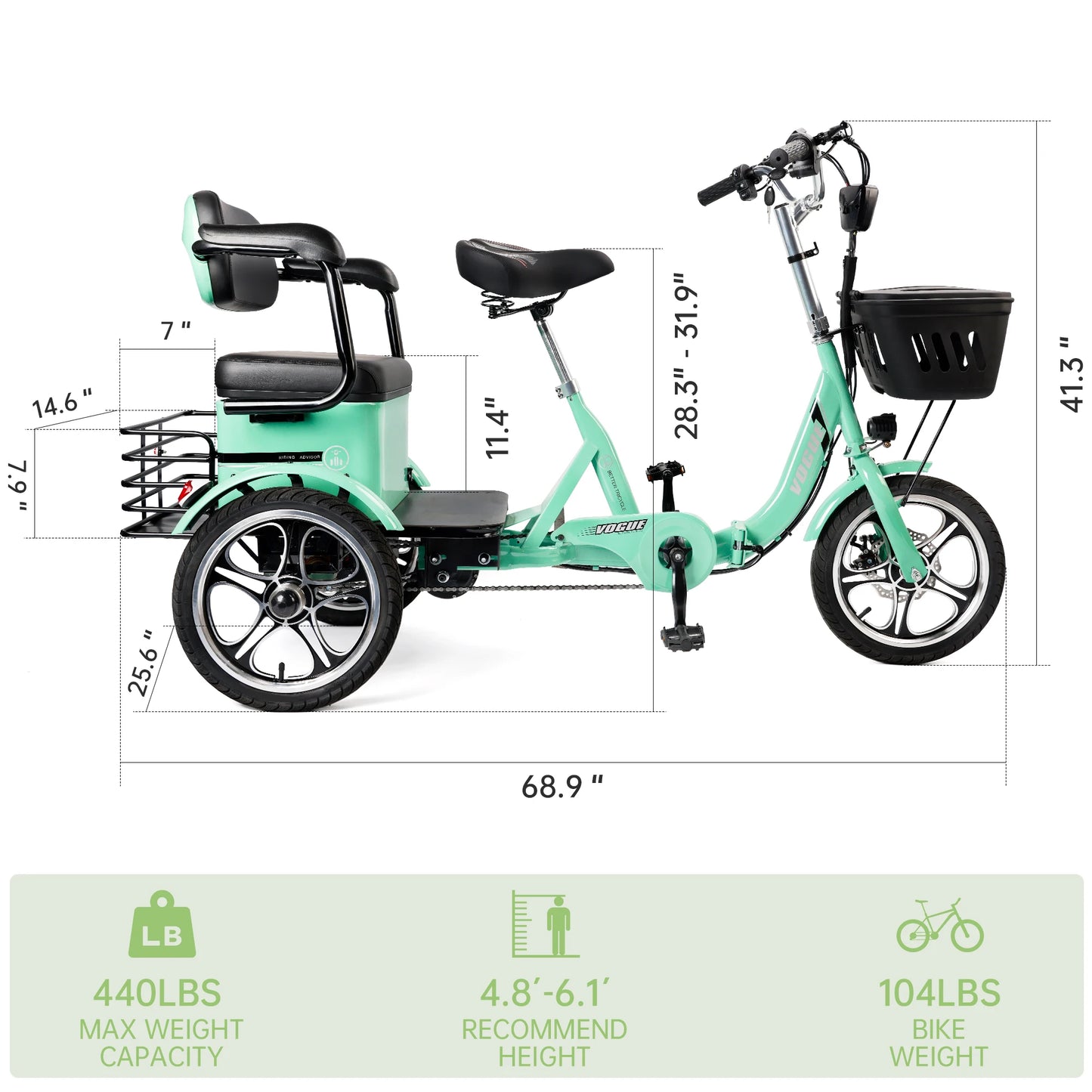 Artudatech 400W 48V 12A Elder Electric folding tricycle 3 wheel e-trike with Rear Seat