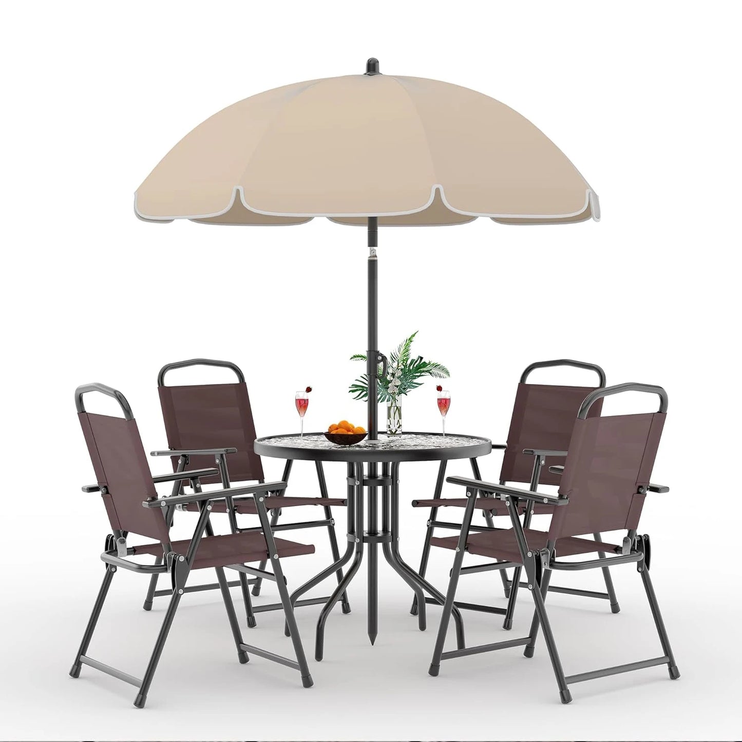 6 Piece Patio Dining for 4, Umbrella, Outdoor Table & 4 Folding Dining Chairs & Round Glass Table