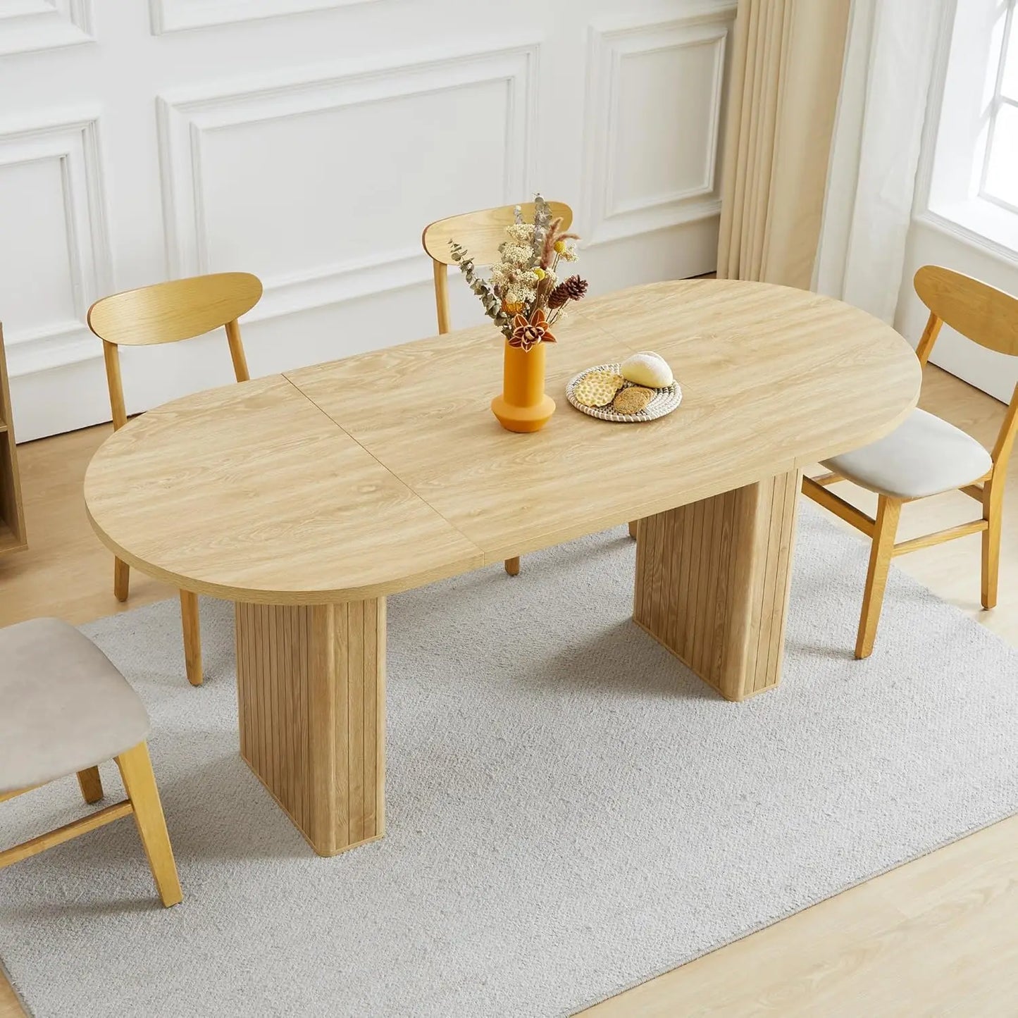 41 in-78 in Extendable Dining Room Table, 4-8, Round Expandable Table, Fluted Base, Modern Farmhouse