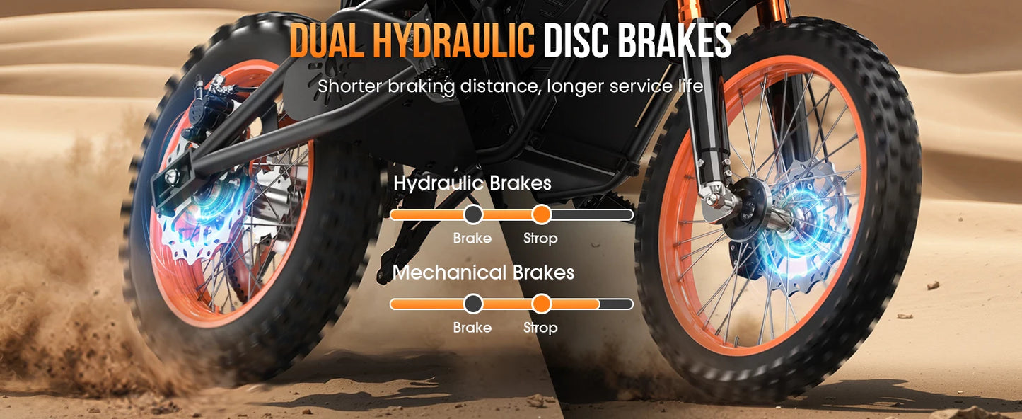 48V E-Dirt Bike, Adults, 3000W Peak Power,14"/12" Fat Tire, 37.5MPH 60 Miles Range