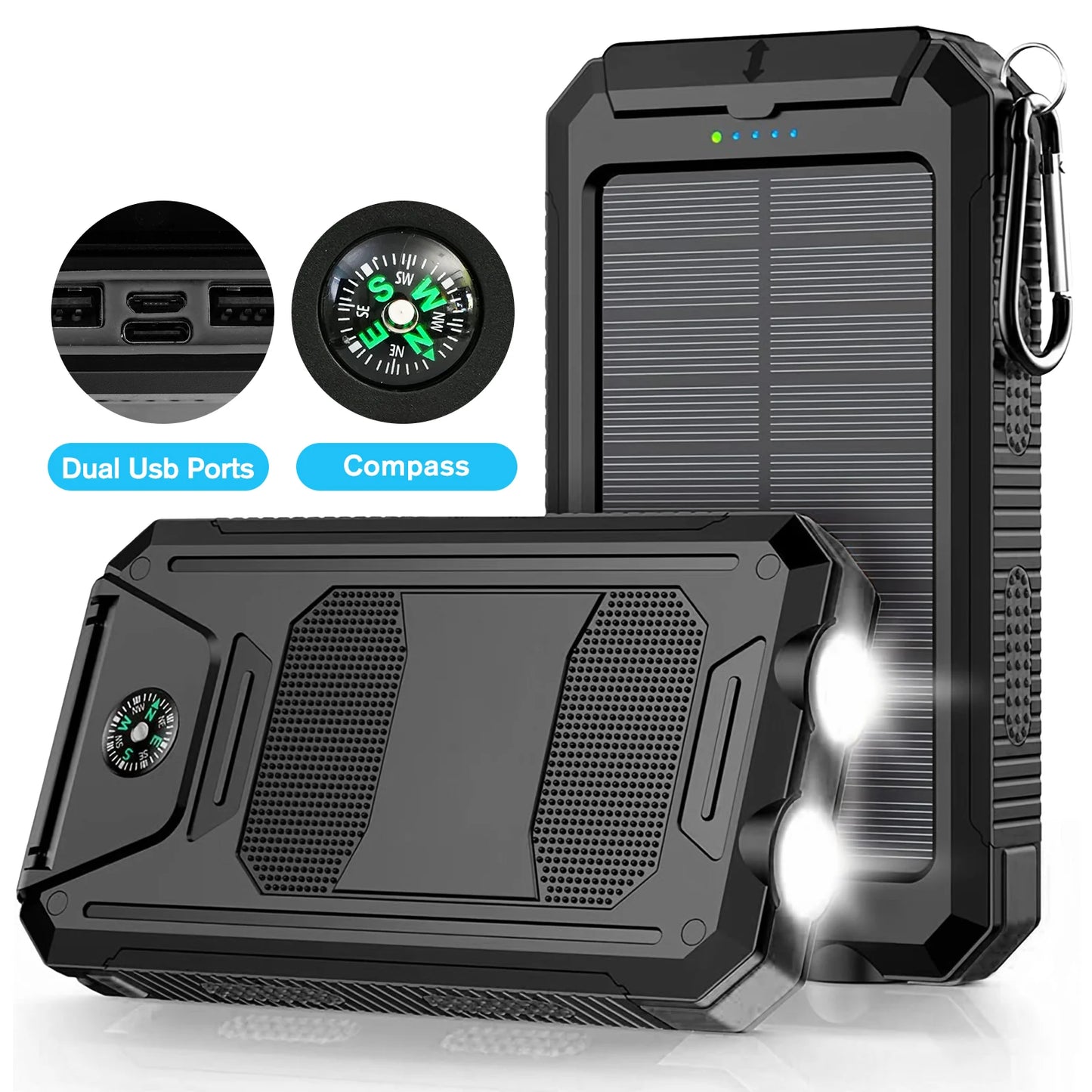 30000mAh Solar Power Bank Portable Dual 5V USB Ports 2 LED Light Flashlight Fast Charge phones ntbk