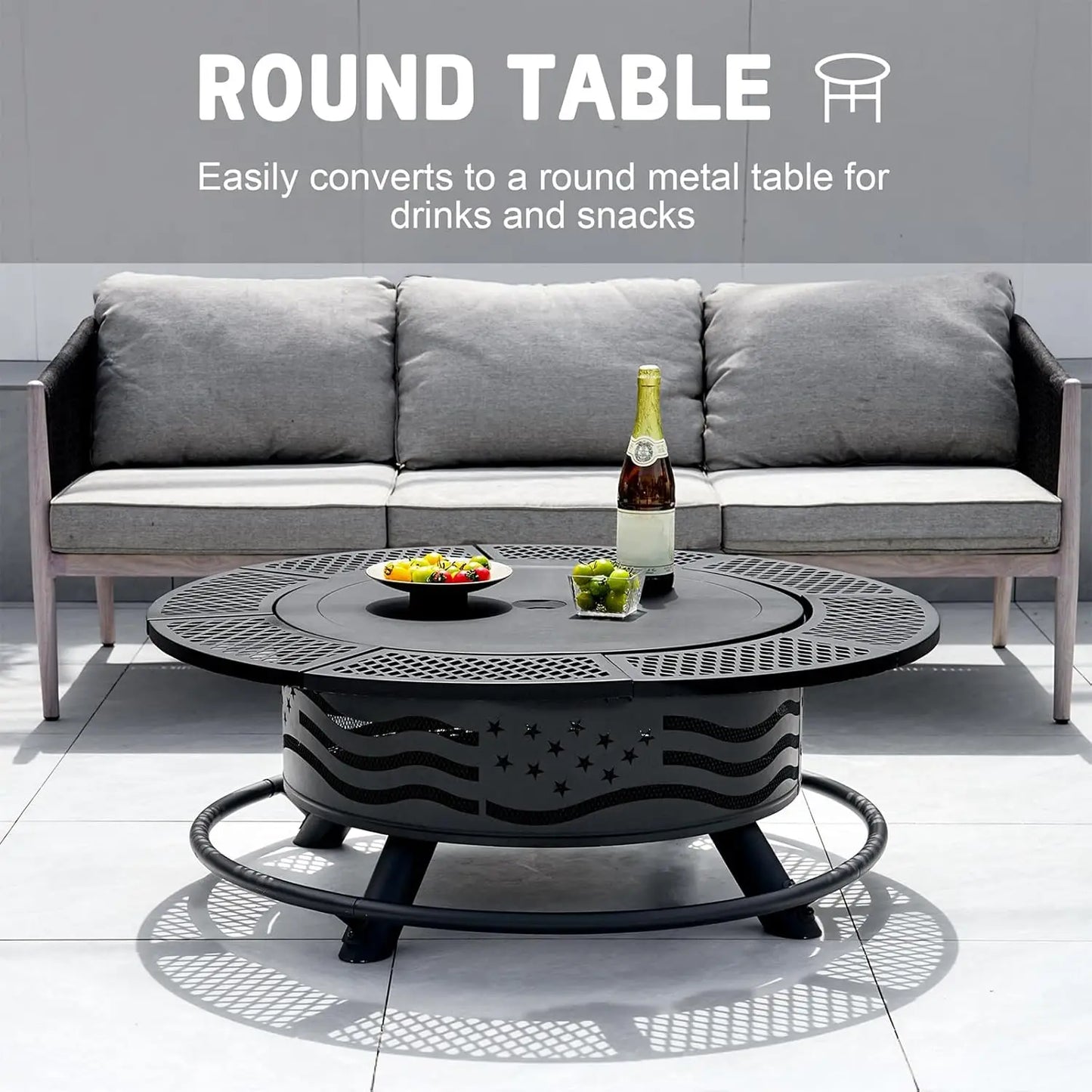 42 Inch Fire Pit, 2 Cooking Grate, Outdoor Wood Burning BBQ Grill Firepit Cover Lid, Steel Rnd Table