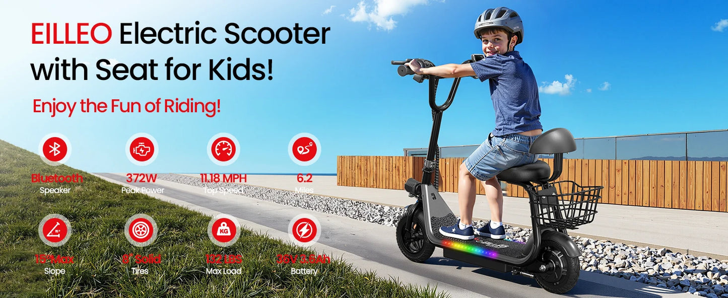 Kids E-Scooter, Blue tooth Speaker Foldable Design Seat, Basket LED Light Strip 11MPH Speed 132lbs