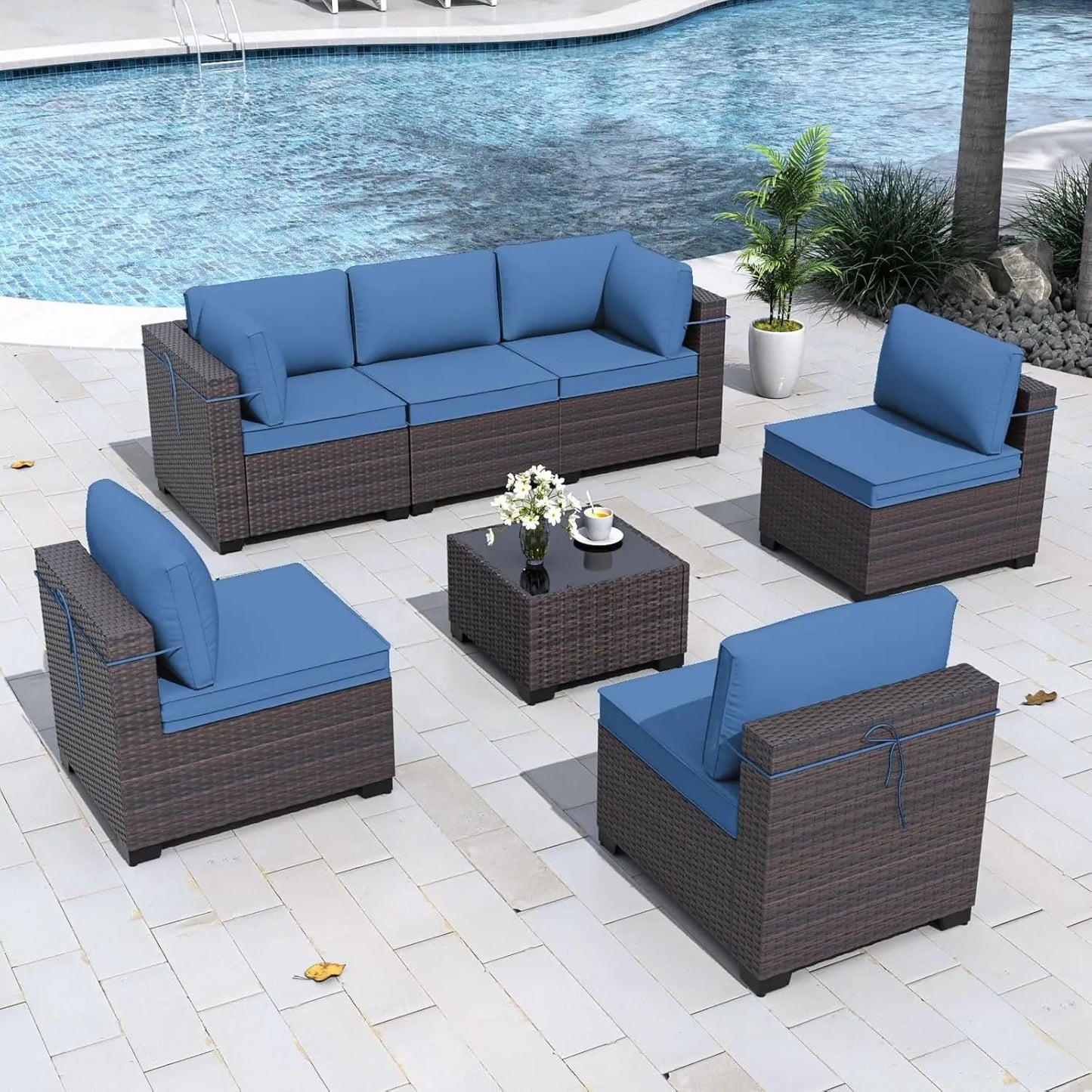 7 Pieces Patio Furniture Set, 4’’ Thick Cushions, All-Weather PE Rattan 29.5'' High Backrest