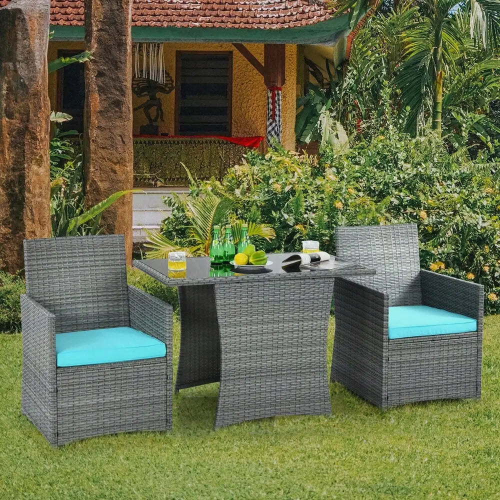 3PCS Outdoor Rattan Conversation Set Patio Dining Table Set w/ Turquoise