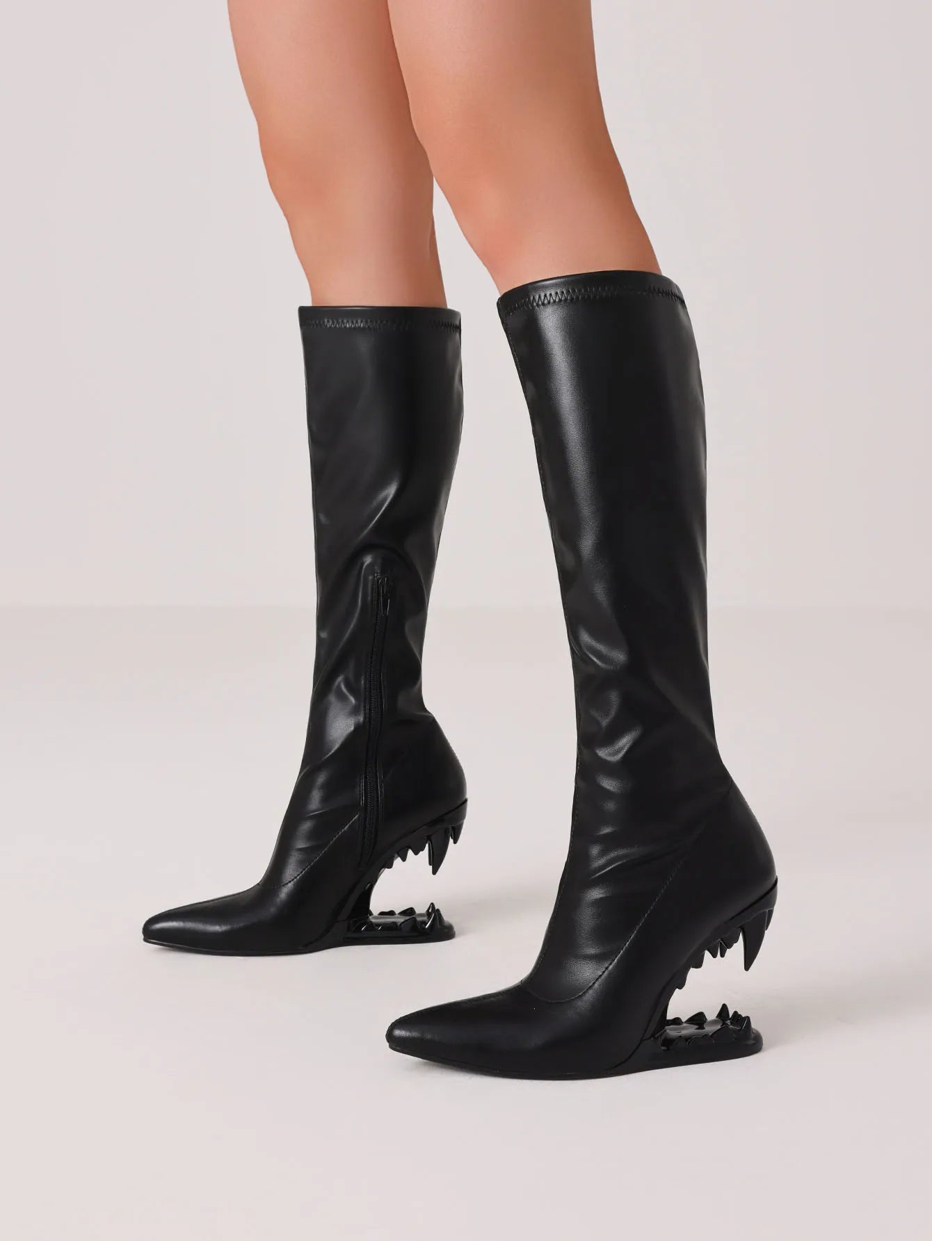 Women'S Y2K Goth Pointed Knee High Boots Punk Metallic Teeth Wedges High Heels Side Zipper Sexy