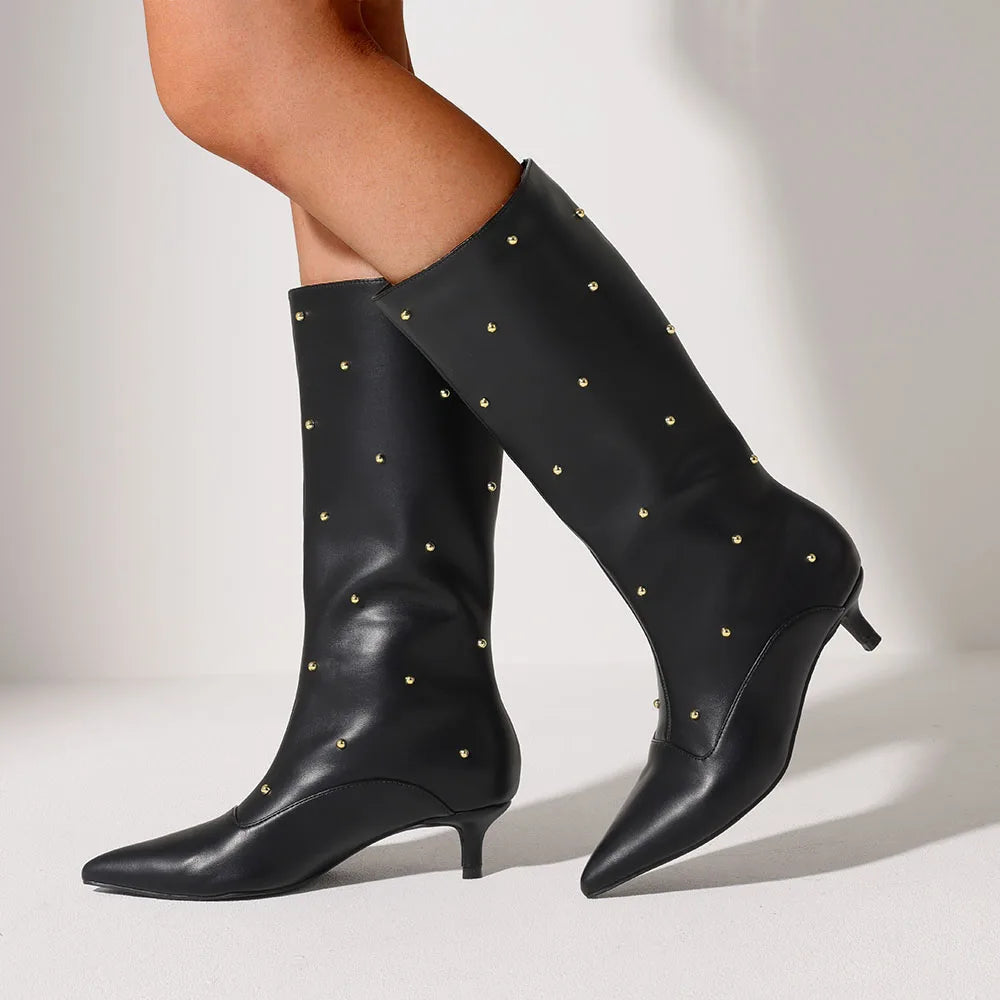 Fashion Women Mid Calf Boots Point Toe Med Heels Rivet Metal Wide Calf Boots 2025 Designer