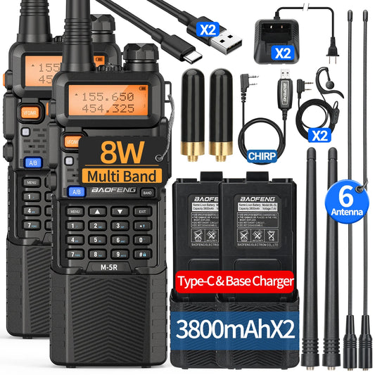 2X BAOFENG M-5R 8W Walkie Talkie 3800mAh Battery Multi Band AM Type-C USB Copy Upgraded