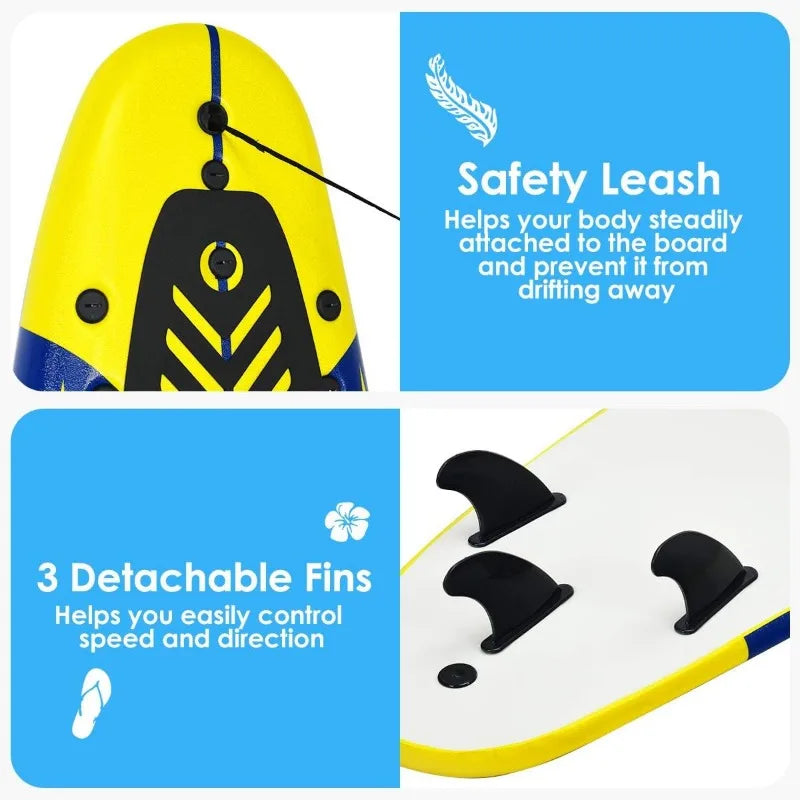 Surfboard,6 Ft Stand Up  with 3 Detachable Fins, Safety Leash, Non-Slip Lightweight Foam4 Kids