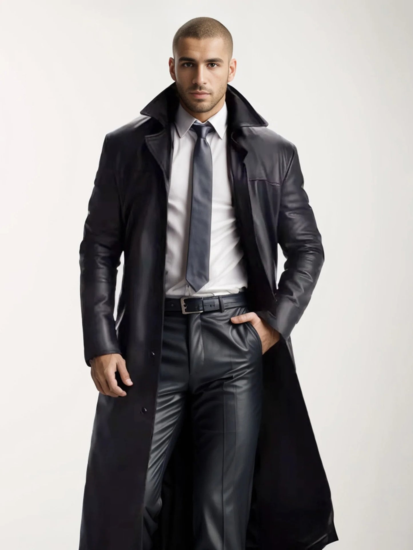 Men s Faux Leather Jacket Classic Lapel Collar Long Sleeve Button Closure Windproof Fall Winter
