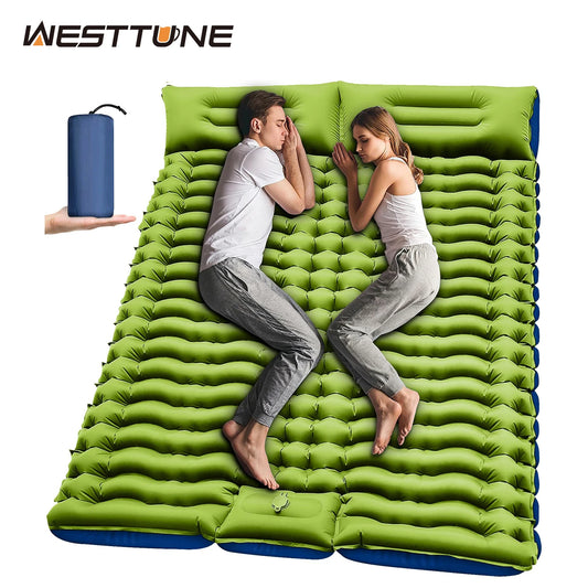 Double Sleeping Pad 4" Thick for 2 Person, Pillow Built-in Foot Pump Inflatable Backpacking Hiking