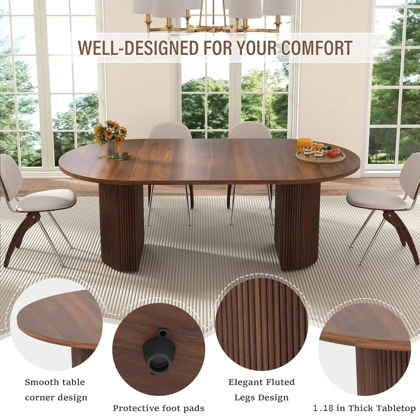 41 in-78 in Extendable Dining Room Table, 4-8, Round Expandable Table, Fluted Base, Modern Farmhouse