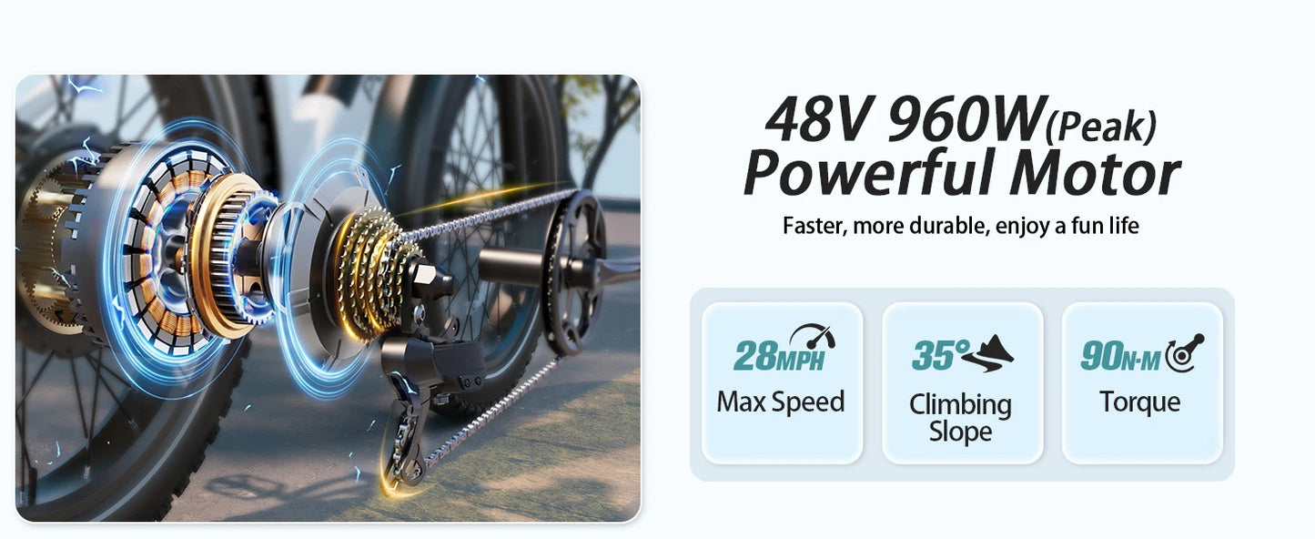 PUCKIPUPPY E-Bike, Adults 960W Peak 48V 15AH 7 Speed All Terrain 26" Fat Tire Front Suspension