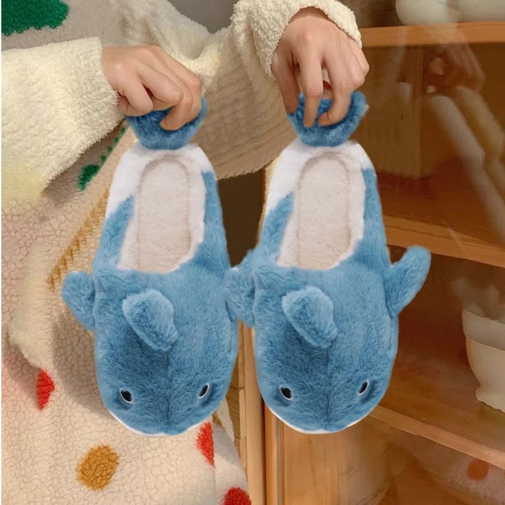 Soft Plush Sharky Slides For Wome&Men,Whale Shark Anti-Skid Winter Cute Couple House Slippers