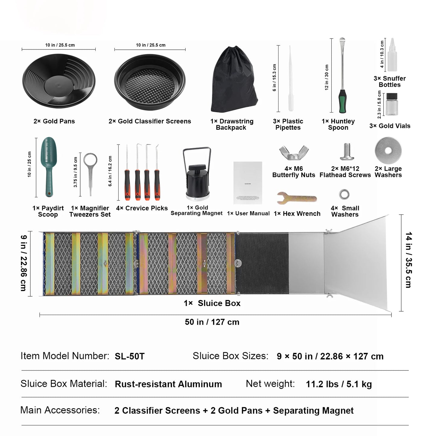 50" 12" Complete Sluice Box Gold Panning Kit Aluminum Alloy23/16 PCS Gold Prospecting Kit
