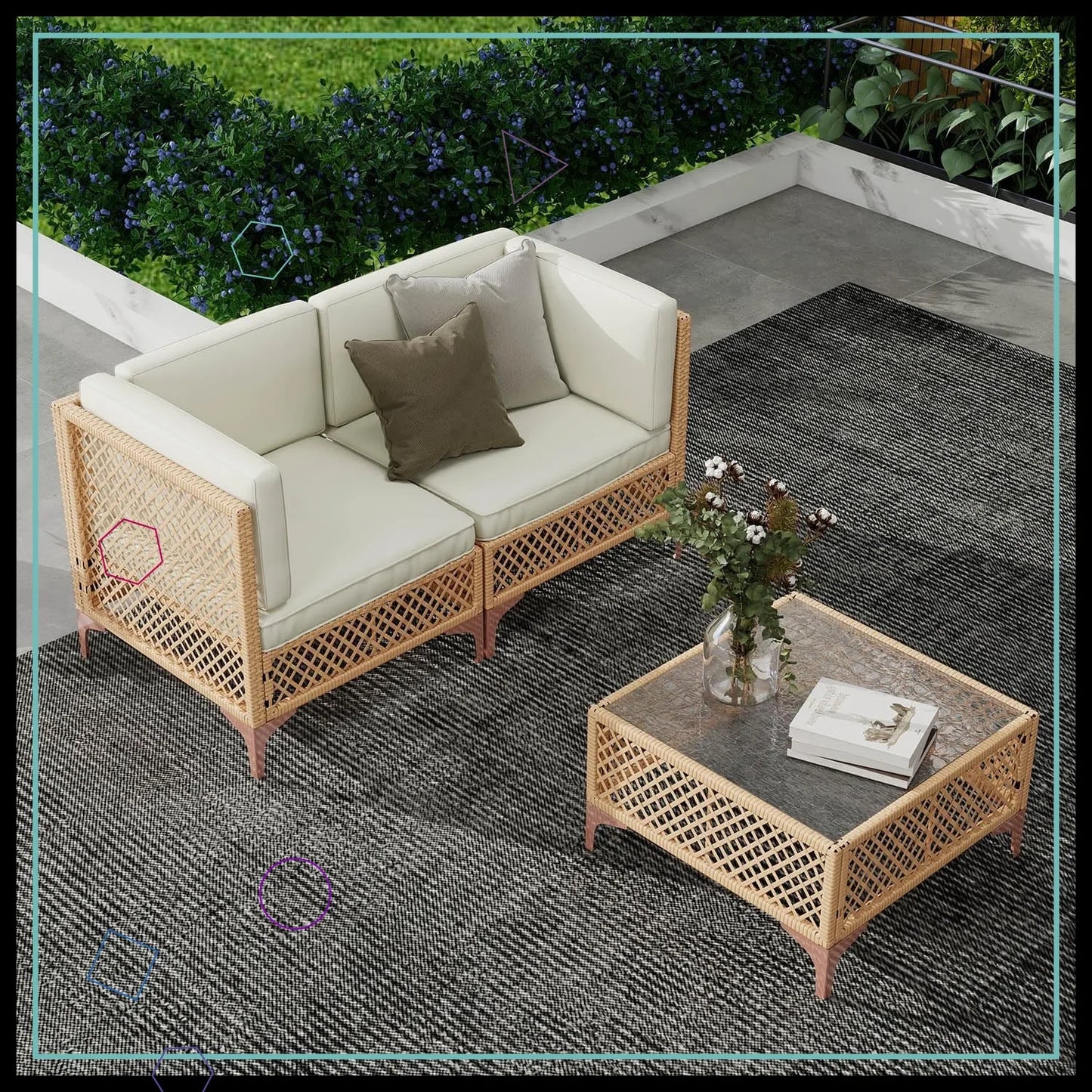 Outdoor Patio Set, Wicker Sectional Sofa with Glass Coffee Table & Waterproof Cushions (3-Piece)