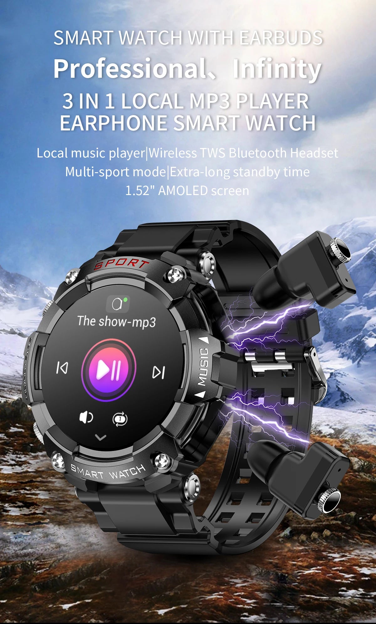 Smart Watch AMOLED Display In-Ear Bluetooth Headset Heart Rate Blood P, Oxygen Sat. Monitoring HD
