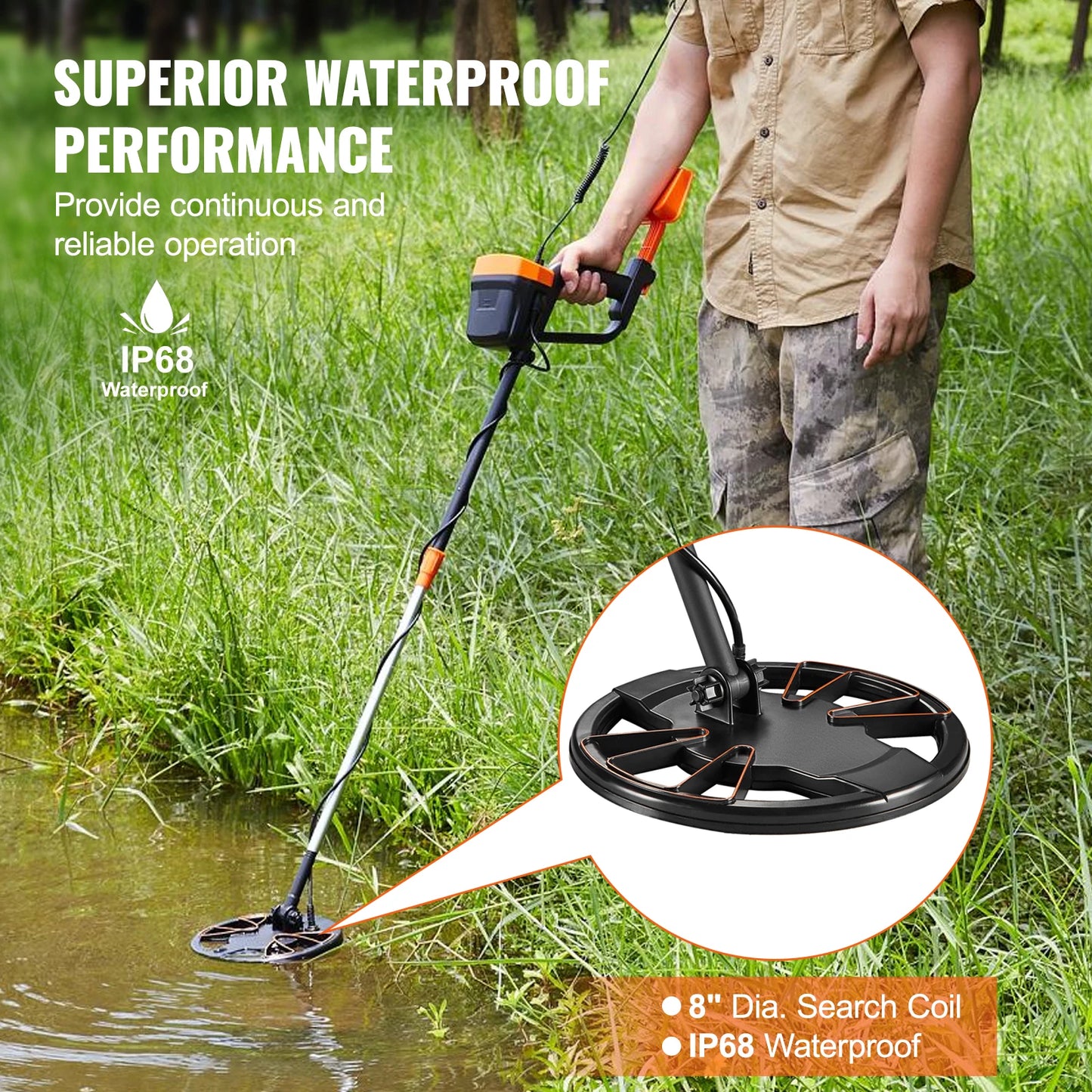 Metal Detector 8 Inch Waterproof Search Coil,High Accuracy Pointer Display Adjustable 38''-49'' Alum