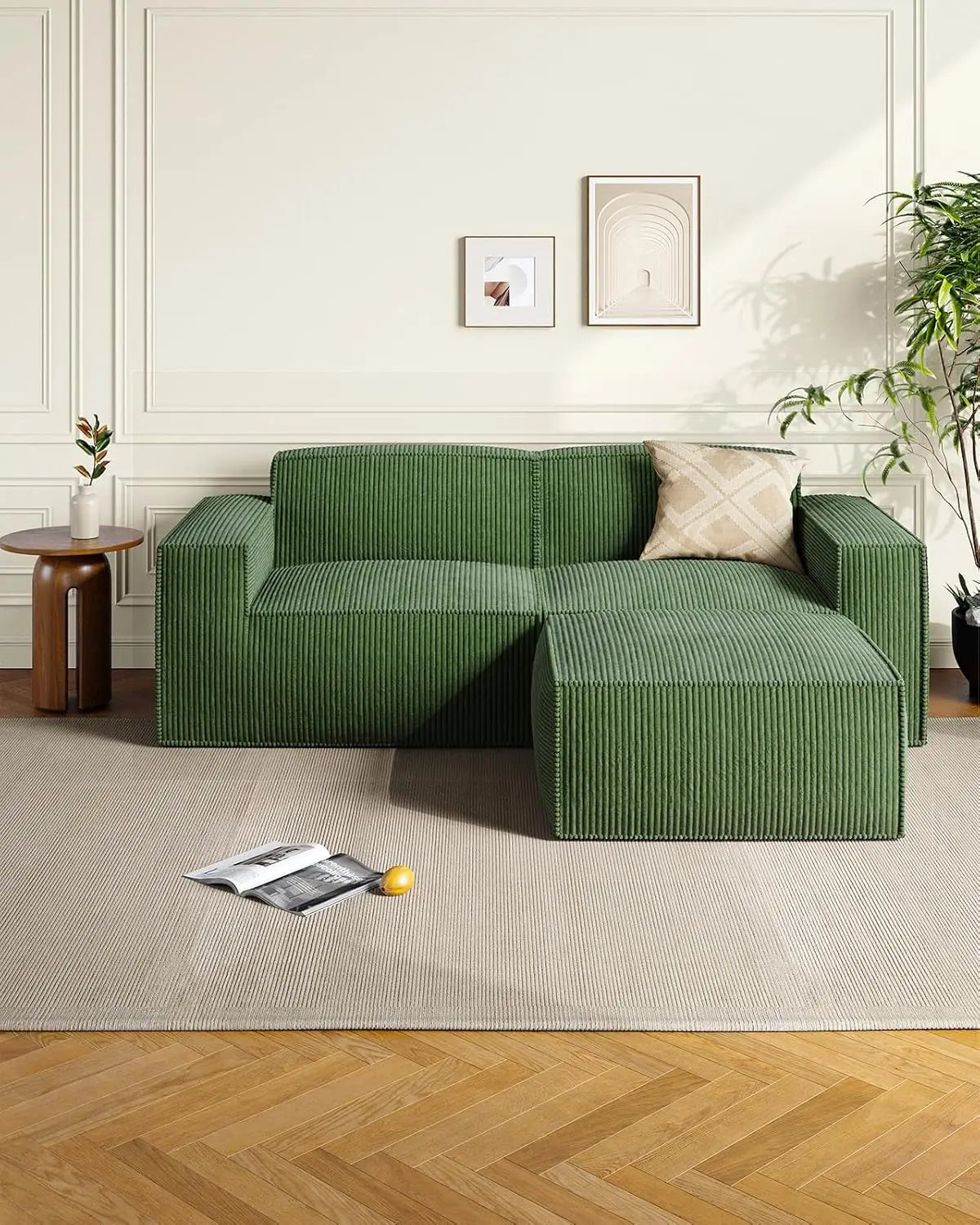 INDOOR-80" L-Shaped Modular Sofa, Corduroy,Deep Seats, High Back, No Assembly  (2-Seat, Green) otman