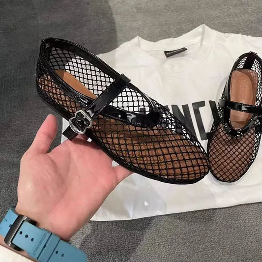 Women New Fishing Mesh Sandals fashionable Flats Comfort shallow mouth Beach,Retro Female slipper