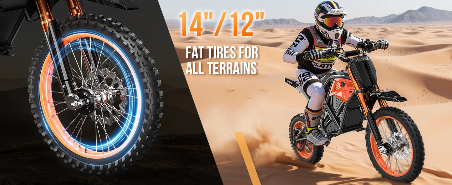 48V E-Dirt Bike, Adults, 3000W Peak Power,14"/12" Fat Tire, 37.5MPH 60 Miles Range