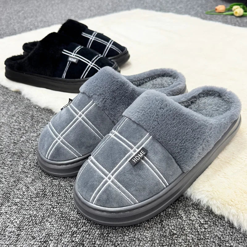 Men Home Slippers Plaid Memory Foam Winter Plush Warm Non-Slip Black Large size 50-51 Fashion