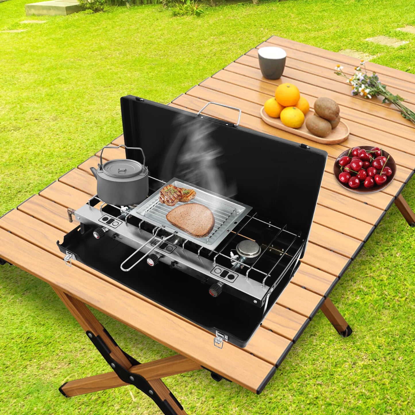 Campfire Grill] 3-Burner Durable Cold-Rolled Steel ,Windproof Lid, Camping & Outdoor Cooking
