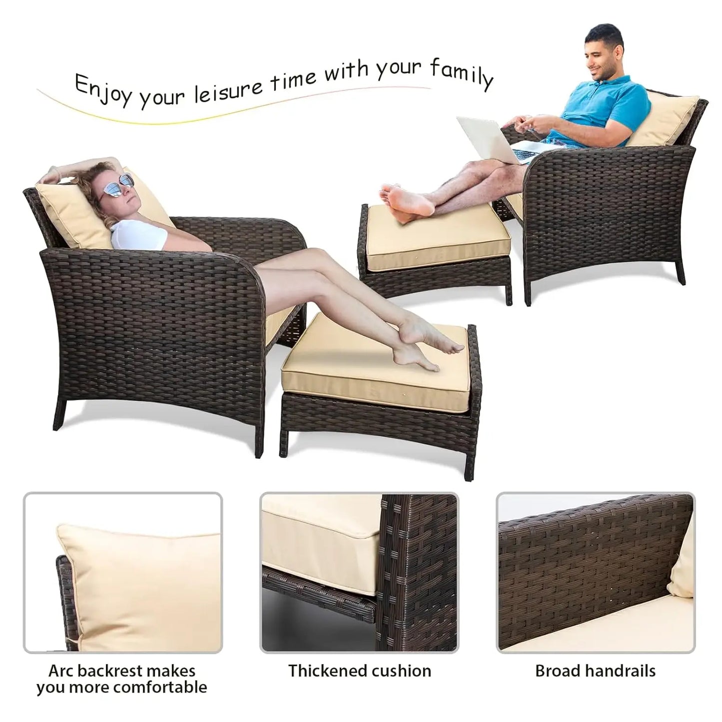 Balcony Furniture 5 Piece Patio Conversation Set, PE Wicker Rattan .Soft Cushions 2, Customized
