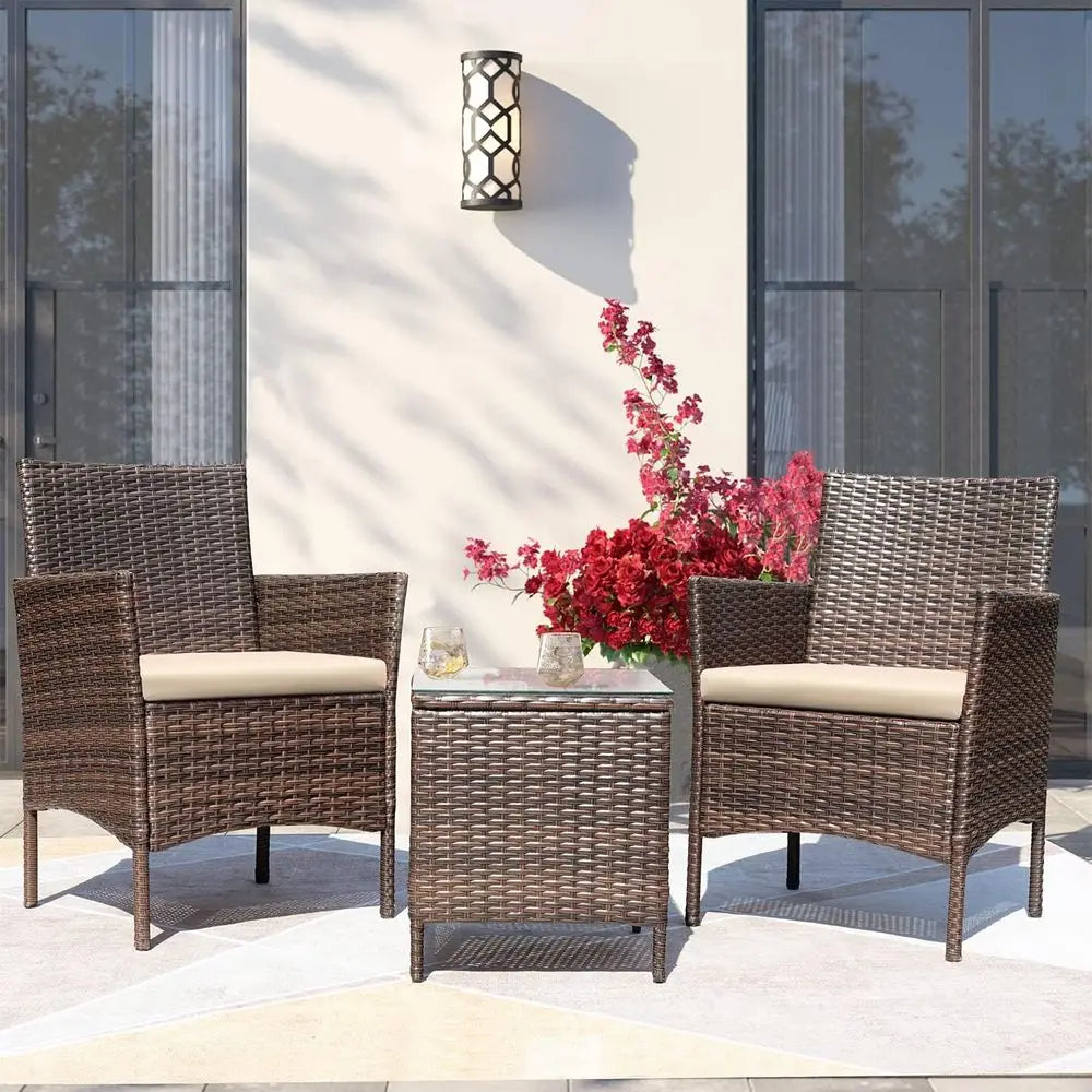 3-Piece Outdoor PE Rattan Patio Furniture Set with Cushions and Glass Coffee Table, Brown & Beige