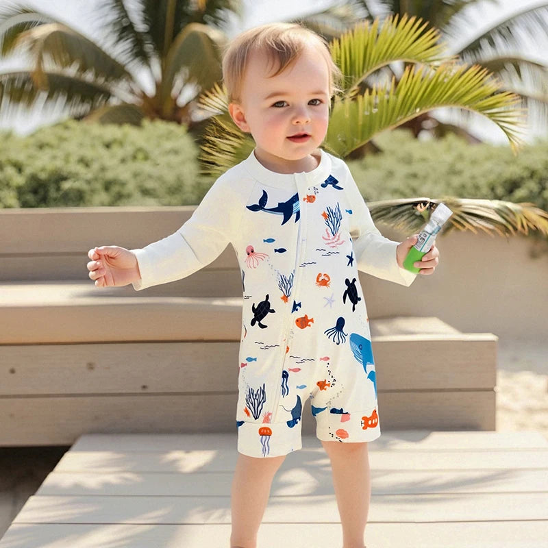 Toddler Boy UV Protection Rash Guard Swimsuit Set with Long Sleeve Zip Animal Print