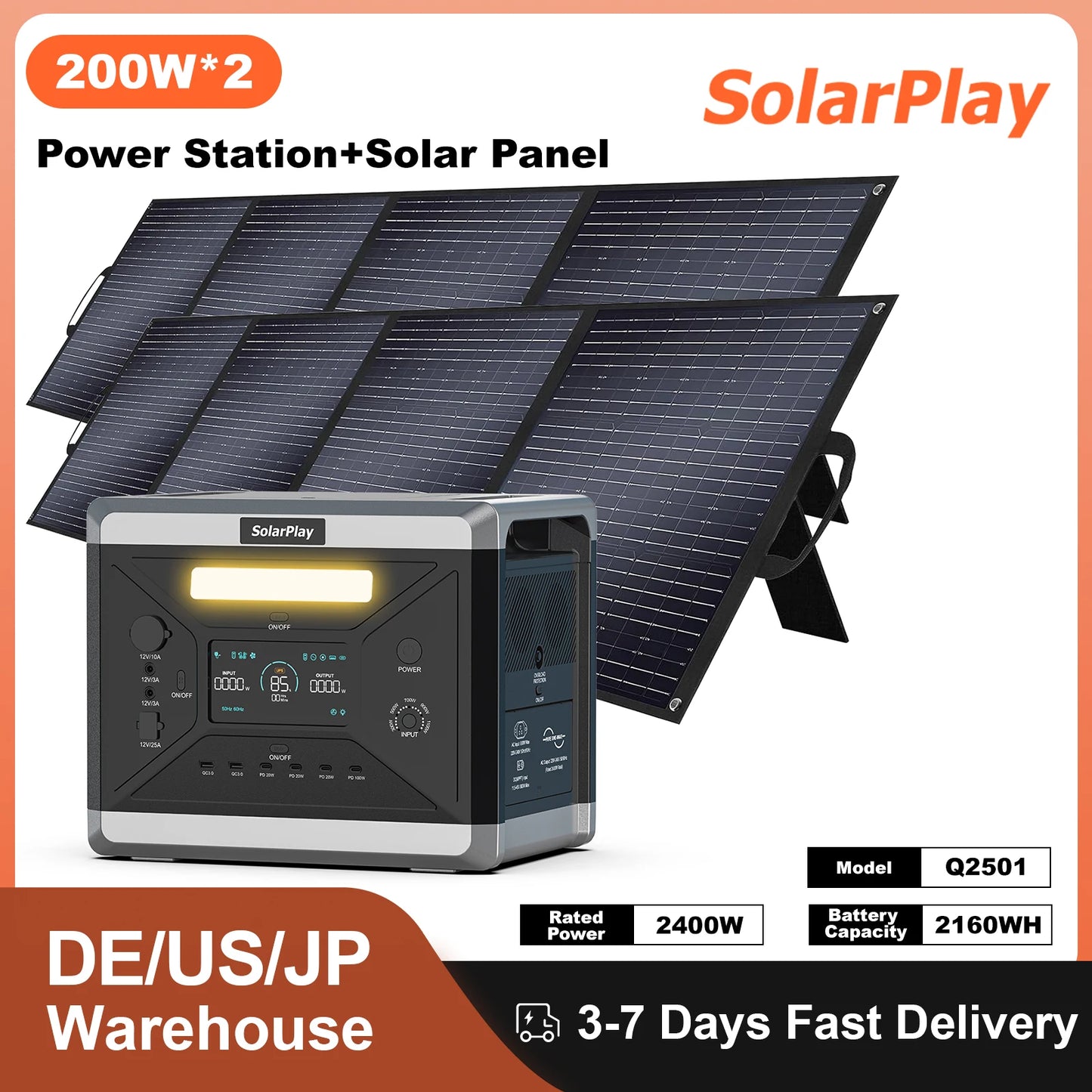 2400W/2160Wh Power Energy Stations Q2501 Rechargeable Batteries Solar Panels 200W FoldableOutdoor