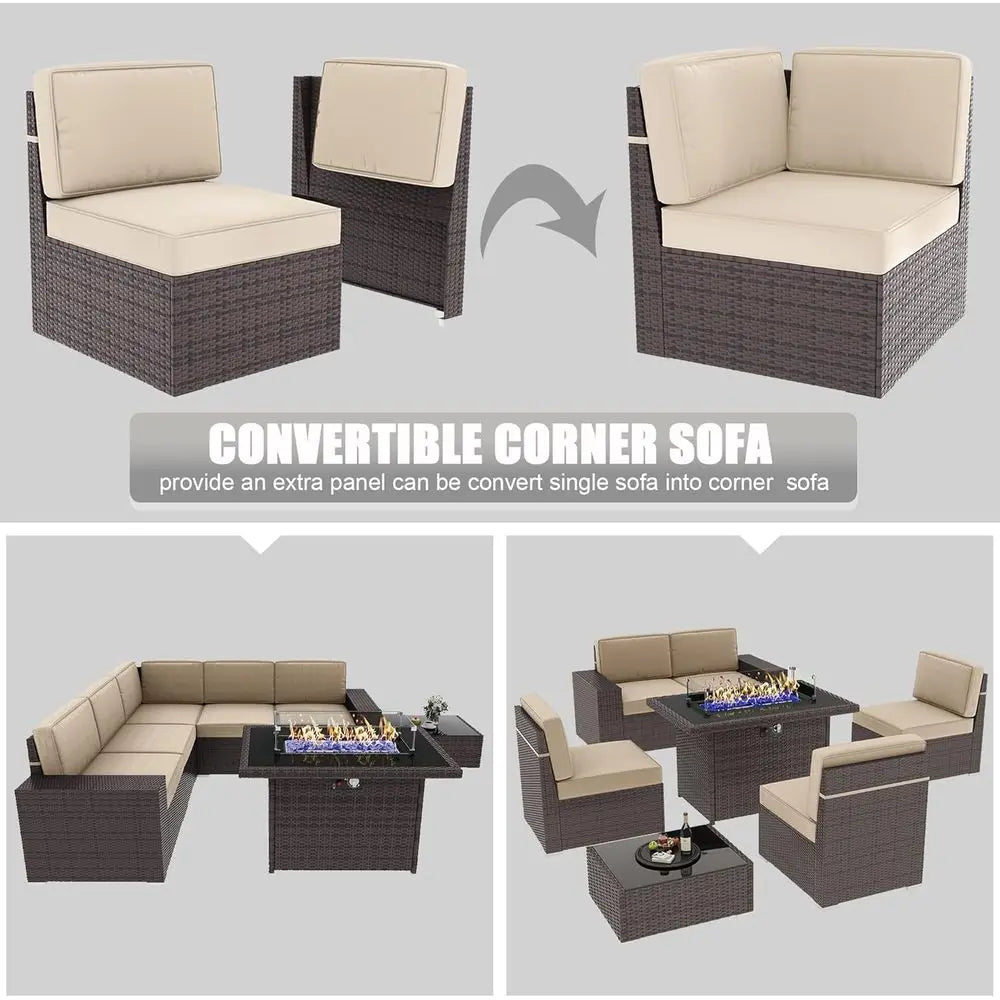 7-Piece Outdoor Patio Furniture Set, Fire Pit, Rattan Wicker Sofa Sectional, and Coffee Table