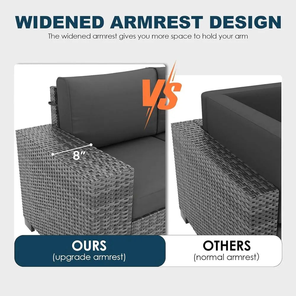 5-Piece Patio Set, Fire Pit Table, Outdoor Grey Wicker Rattan Sofa, 4 Thick Cushions, Grey Cover
