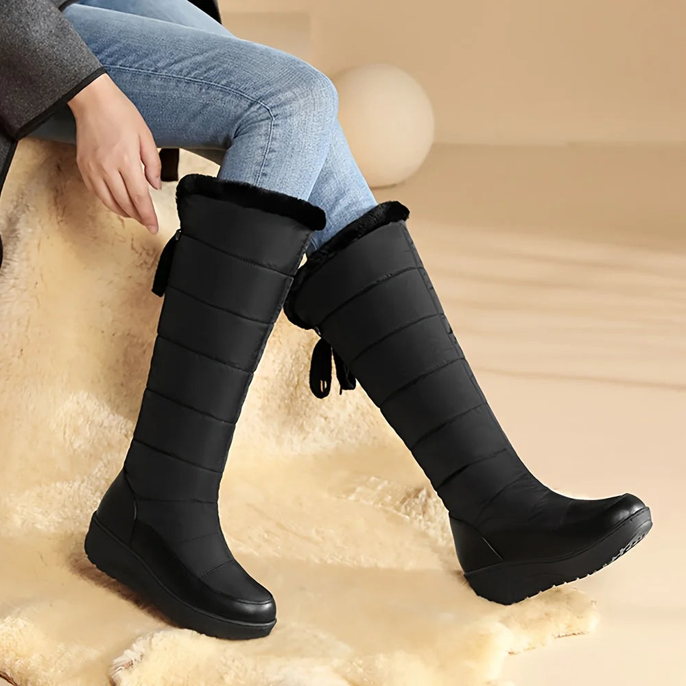 Women's Fuzzy Faux Fur Winter Snow Boots Fashion Wedges pull On Waterproof casual Comfy Knee High