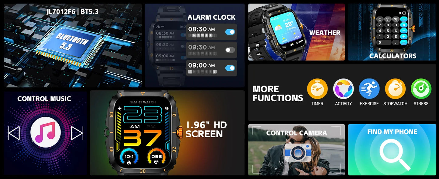 Smart Watch 3ATM Waterprf 1.96" IPS Screen KT71 Men 100+ Sport Mode Heart Rate Blood Pres. Bluetooth