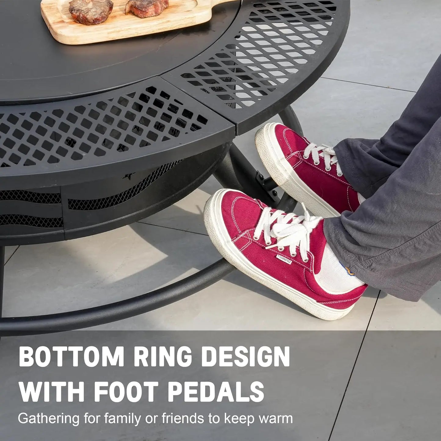 42 Inch Fire Pit, 2 Cooking Grate, Outdoor Wood Burning BBQ Grill Firepit Cover Lid, Steel Rnd Table
