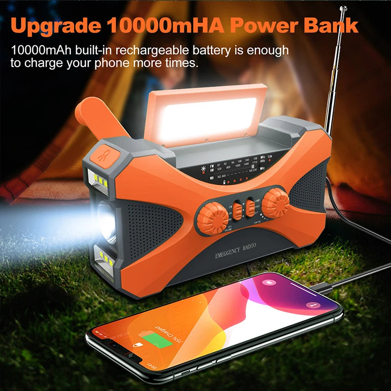 10000mAh charger High Capacity Emergency Radio Solar Hand Crank LED Flashlight SOS Alarm Survival