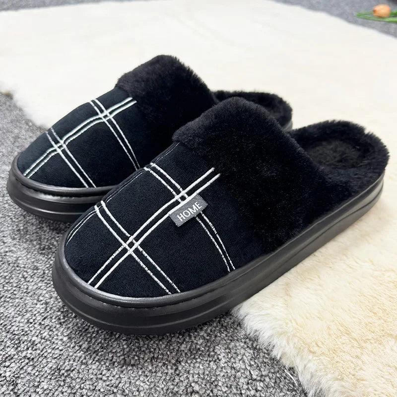 Men Home Slippers Plaid Memory Foam Winter Plush Warm Non-Slip Black Large size 50-51 Fashion