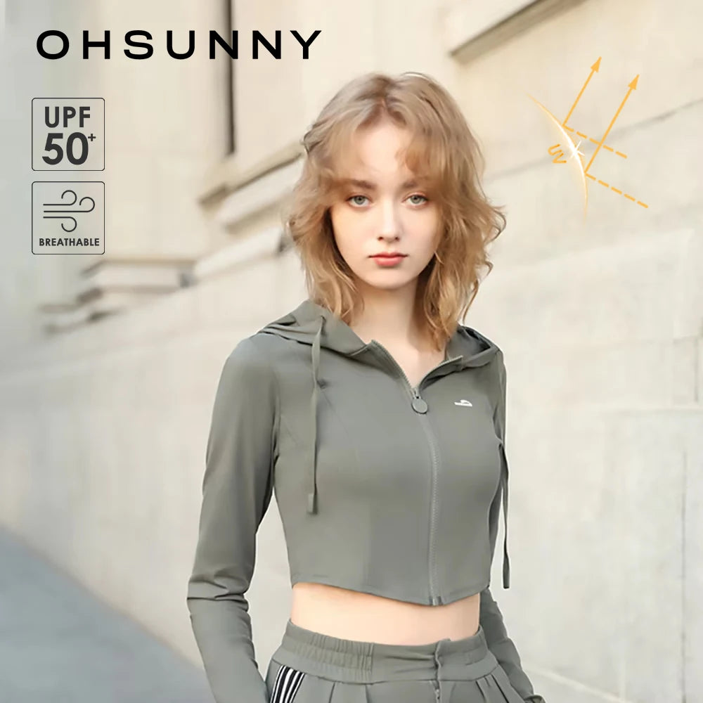OhSunny Short Workout Jacket for Women Summer UV Stretch Slim Clothing Sports Long-sleeved Hoodie