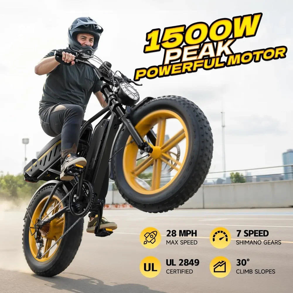 E-Bike Adults 1500W Peak 20" Fat Tire All-Terrain 60/130 Miles 28 MPH Dirt Bike - 48V 15/30 AH