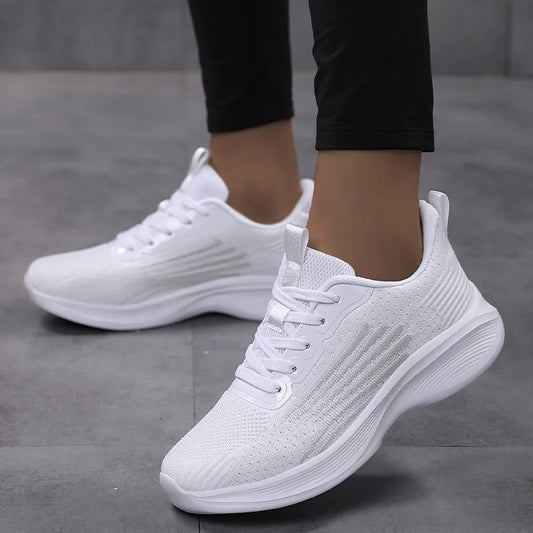 Women Lightweight Sneakers, Running Sport, Female Mesh Breathable,Train, White Flat Walking Shoes