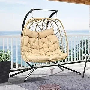 2 Person Hanging Egg Swing Chair,W/Stand, Wicker Indoor Outdoor Hammock, Cushions 550lbs, Patio