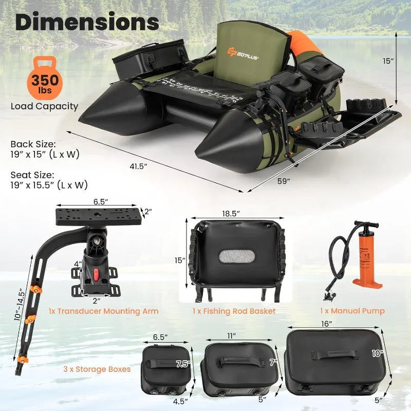 Inflatable Float Tube, Fishing Boat w/Ruler,Pump,Storage Bag,Adjustable Straps,Float Tube 4 Angling