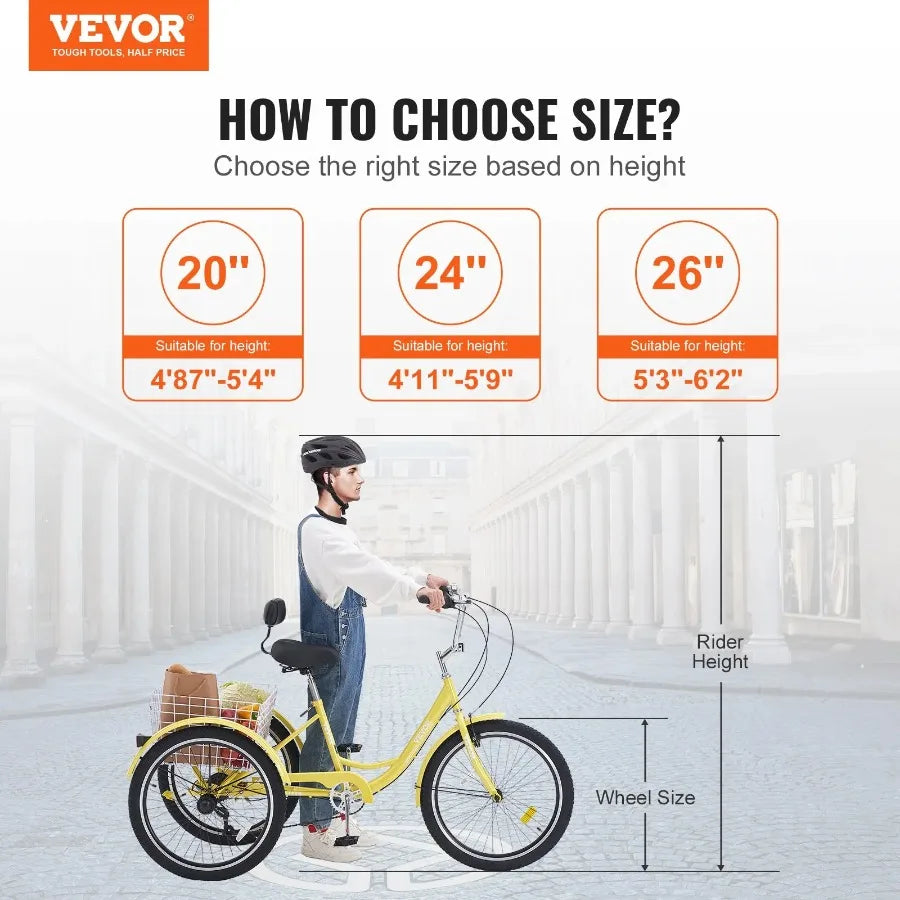 Adult Tricycles Bike 7 Speed Adult  26 Inch ThreeWheeled Carbon Steel , Basket and Adjustable Seat