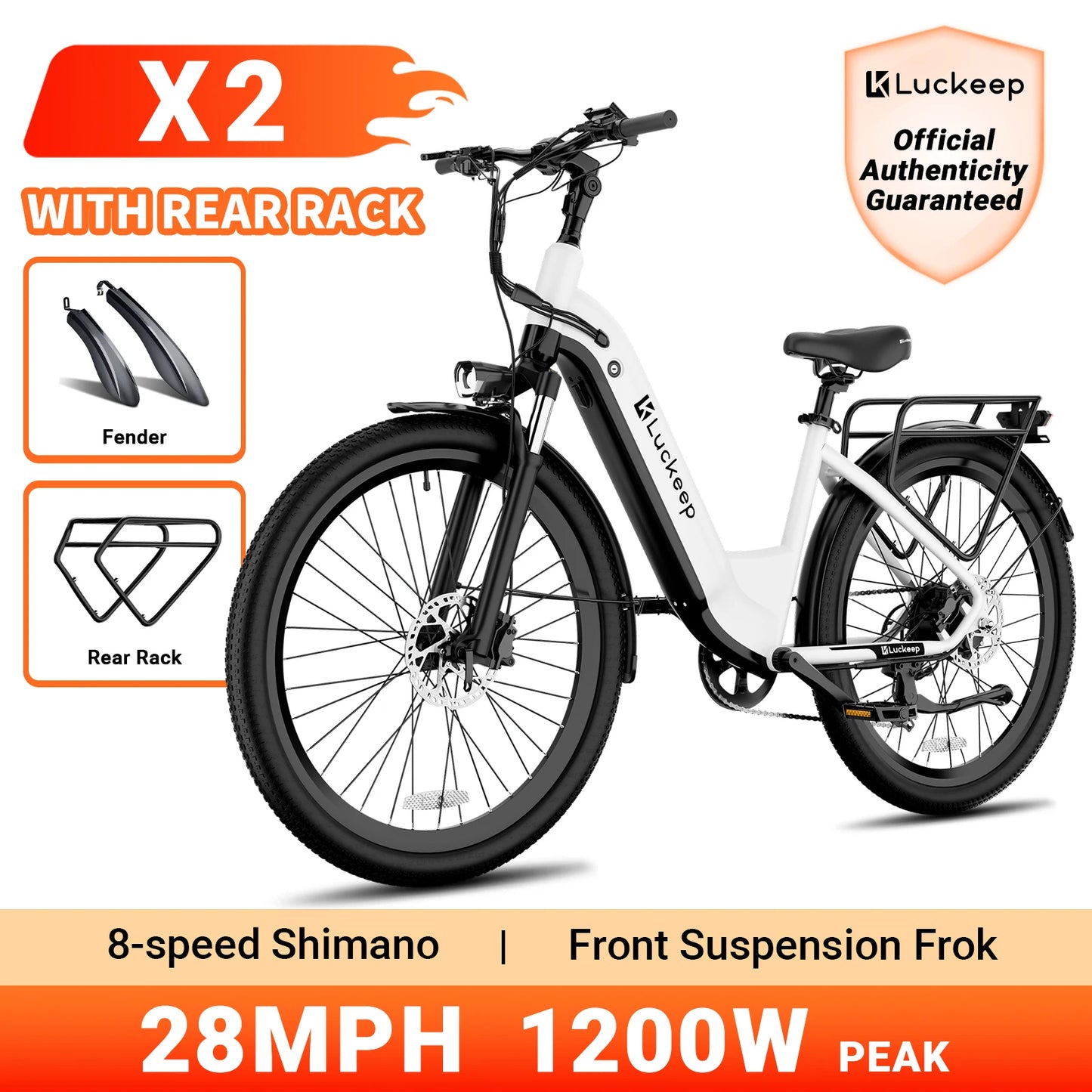 X2 [Torque Sensor] Electric Bike,1200W Peak,28MPH 80Miles,20AH, 26'',3.0'' Step-Thru Hydraulic Brake